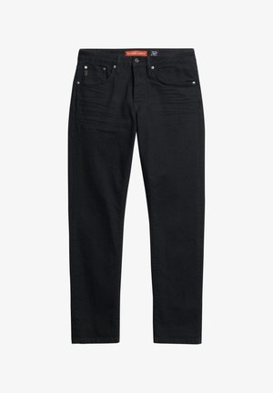 Schwarze Denim-Jeans mit geradem Bein, fünf Taschen, Metallbeschlägen und einem braunen Etikett am Bund. Glatte Textur.