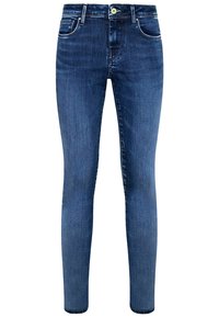 Tmavě modré džínsy slim fit s předním zapínáním na knoflík a zip, dvěma předními kapsami a drobným vyblednutím na stehnech a kolenou.