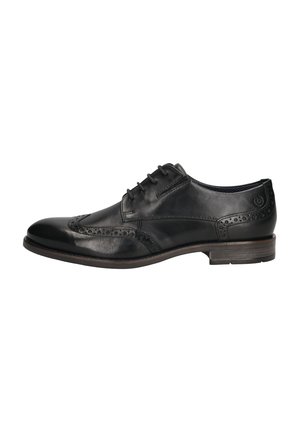 Schwarze Leder-Dressschuhe mit runder Spitze, Broguemuster, fünf Schnürösen und einem niedrigen, gestapelten Absatz. Mit glatter Textur und polierter Oberfläche.