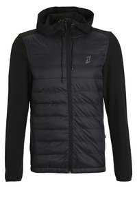 Svart hooded jacka med vadderad front, dragkedja, elastiska ärmmuddar och dragskor på huvan.