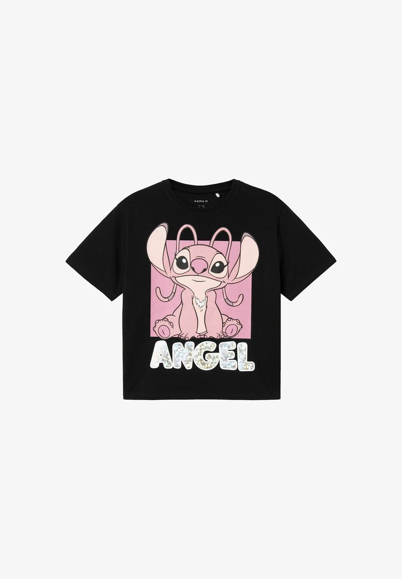 Schwarzes T-Shirt mit kurzen Ärmeln, das ein Grafikmotiv eines pinken Charakters mit großen Ohren zeigt und den Text "ANGEL" in glänzenden, schimmernden Lettern darunter.