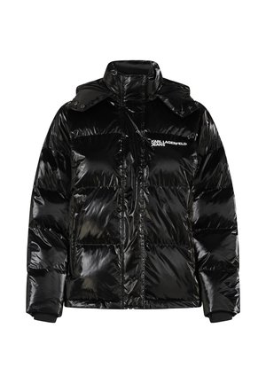 Black shiny puffer jacket with high collar, long sleeves, front zipper, and "KARL LAGERFELD JEANS" logo on the left chest.