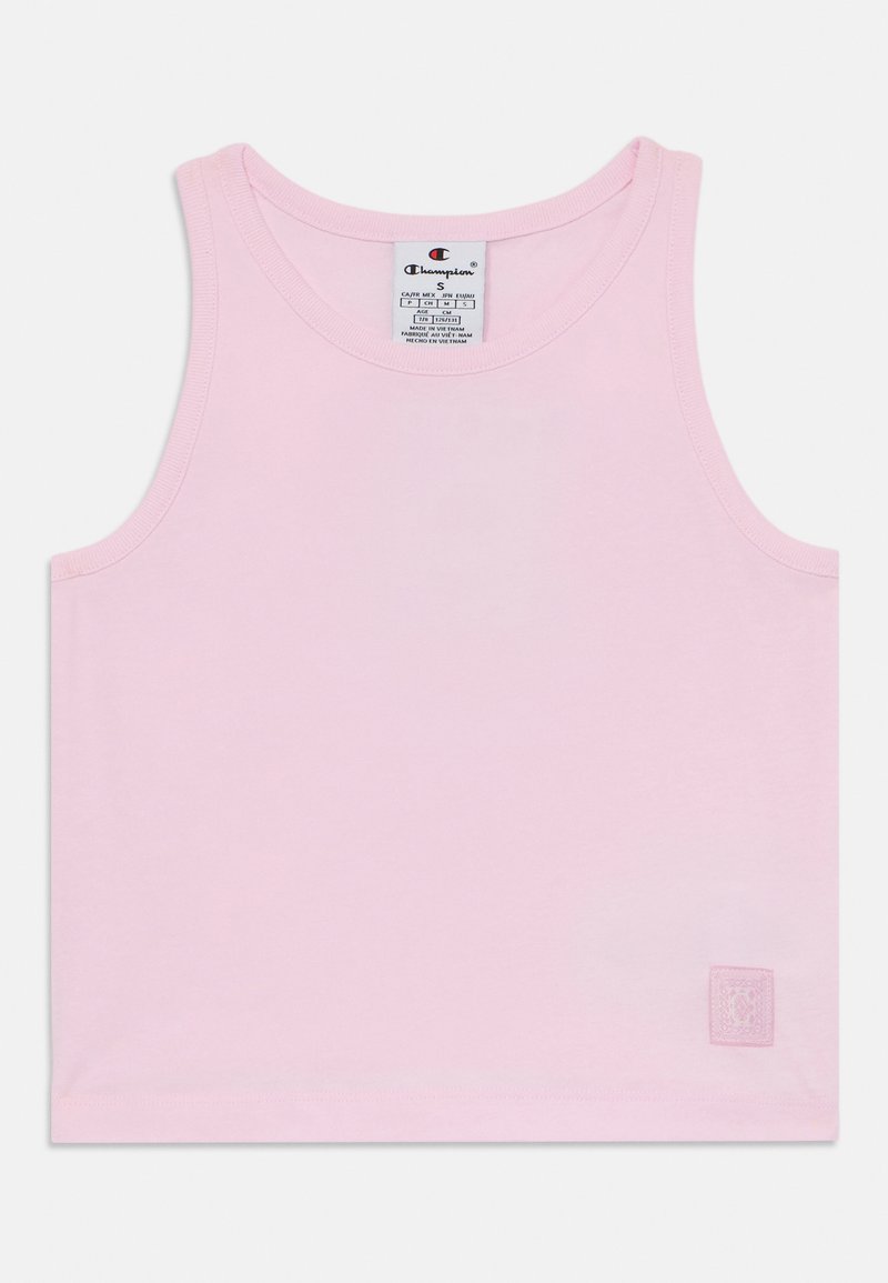 Roosa tank top, mis on valmistatud pehmest puuvillast, omab ümmargust kaelust, on ilma varrukateta ja selle paremas alumises nurgas on väike bränditud sildike.