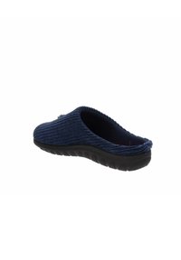 Pantofole blu navy con upper in tessuto testurizzato, forma arrotondata, apertura sul retro e suola in gomma nera flessibile con motivi antiscivolo.