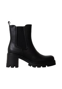 Bottine noire en cuir avec talon bloc épais, panneaux latéraux élastiques, languette de traction et semelle à crampons pour l'adhérence.