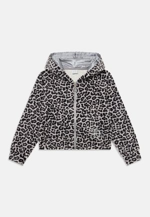 Leopard-print zip-up jacket with a silver hood lining, front pockets, and a soft texture. Features ribbed cuffs and a contrast zipper.