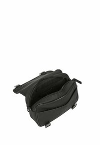 Schwarze Leder-Crossbody-Tasche mit glatter Textur, Reißverschlussfach und Außentasche. Verfügt über verstellbare Träger und minimalistisches Design.