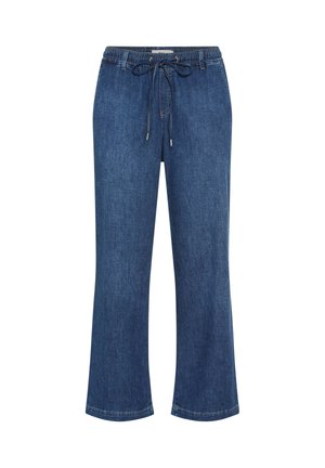 Blaue Denim-Hose mit weitem Bein, elastischem Bund und vorderem Kordelzug, ohne sichtbare Taschen oder Verzierungen.