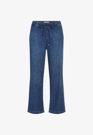 Pantaloni larghi in denim blu con vita elastica e chiusura frontale con coulisse, senza tasche visibili o decorazioni.