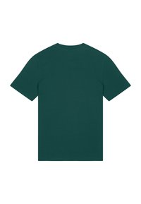 Donkergroene katoenen t-shirt met korte mouwen, ronde hals en een effen achterkant. De stof heeft een gladde textuur, zonder zichtbare patronen of accenten.