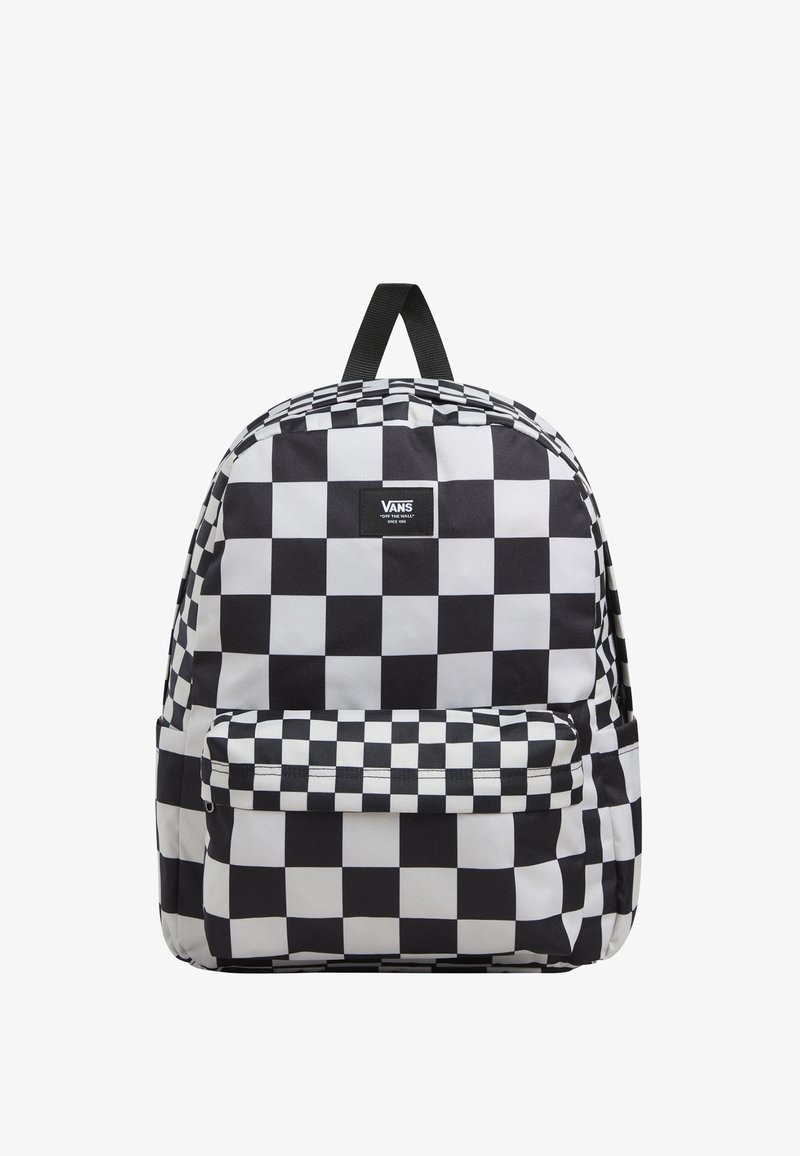 Zwart-wit geruit patroon rugzak met een voorvak met rits, een handvat aan de bovenkant en gewatteerde schouderbanden voor comfort.