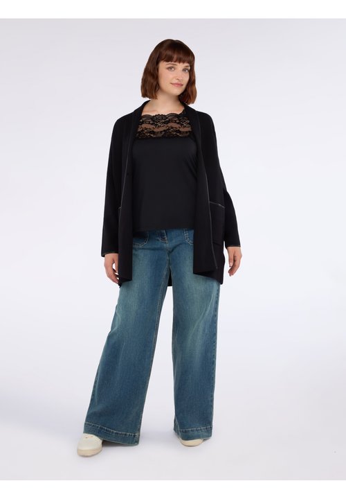 FIORELLA RUBINO Cardigan Scollo A V Con Inserti In Raso – Modello Asimmetrico A Maniche Lunghe, Chiusura A Bottoni, Vestibilità Comoda, Autunno Inverno 2025, Taglia 37 Plus