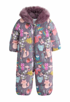 Children's purple padded snowsuit with faux fur hood, decorated with colorful animals, leaves, flowers, mushrooms, and butterflies.