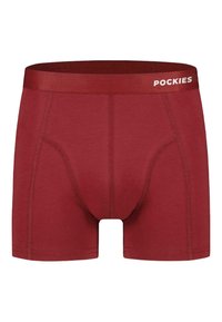 Boxers rojos hechos de una tela suave. Presentan un diseño ajustado, cintura ceñida con el logo "POCKIES" y costuras lisas.