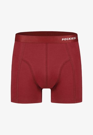 Rote Boxershorts aus weichem Stoff. Mit körpernaher Passform, einem elastischen Bund mit dem "POCKIES"-Logo und glatten Nähten.