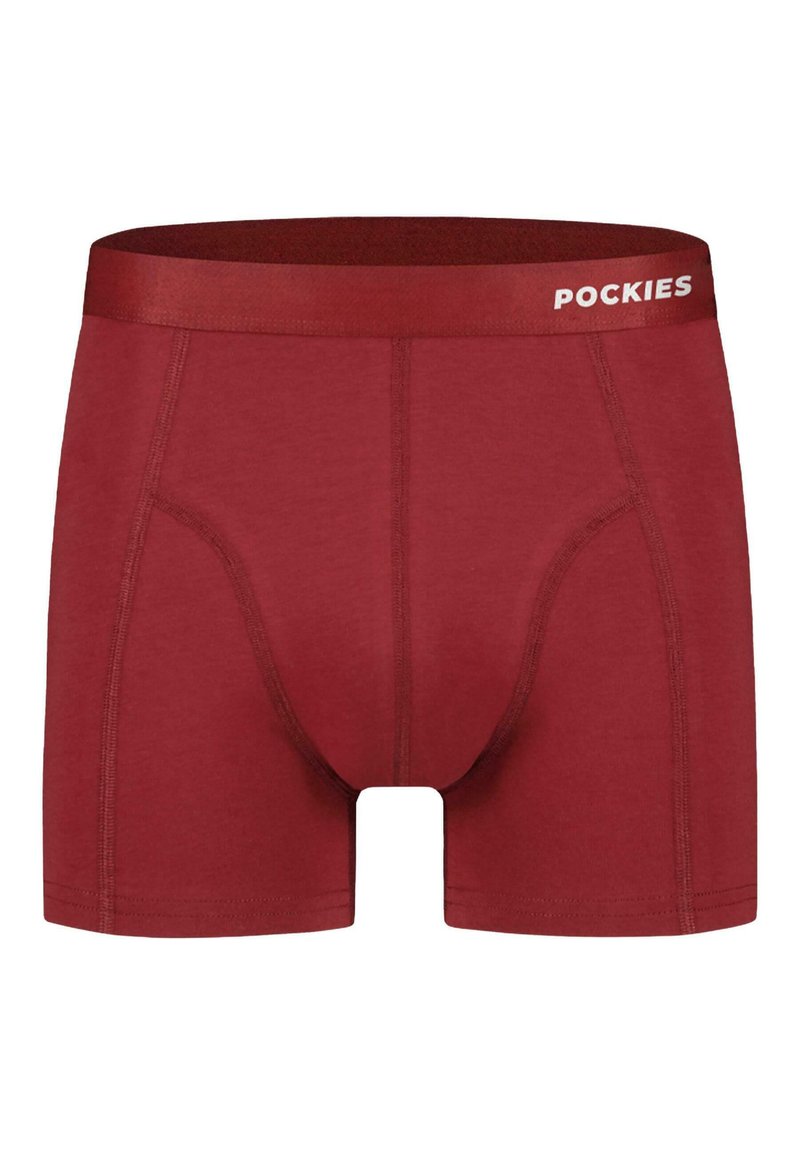 Boxers rojos hechos de una tela suave. Presentan un diseño ajustado, cintura ceñida con el logo "POCKIES" y costuras lisas.