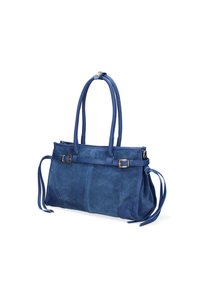 Borsa a mano in suede blu con due manici lunghi, un compartimento principale e cinturini decorativi. Presenta finiture in tono oro e una texture morbida.