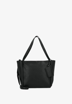 Schwarze Leder-Tote mit strukturiertem Oberflächen, doppelten Tragegriffen und einem abnehmbaren Kartenhalter. Verfügt über ein geräumiges Hauptfach.