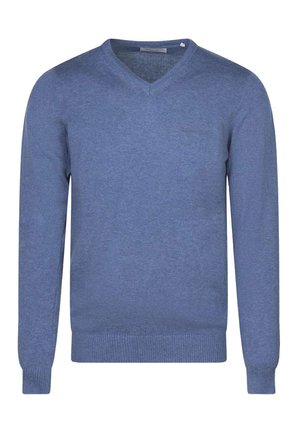 Pull bleu à col en V à manches longues avec poignets et ourlet côtelés, design uni, présenté sur un fond blanc.