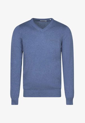 Pull bleu à col en V à manches longues avec poignets et ourlet côtelés, design uni, présenté sur un fond blanc.