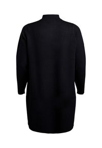 Pikkade varrukatega must kleit-sviiter kõrge kraega, nähtud seljalt valgel taustal.