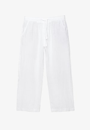 Pantaloni cropped bianchi in lino con vita elasticizzata, coulisse e due tasche laterali. Texture morbida e design leggero per il massimo comfort.