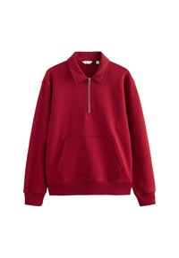 Rød langærmet pullover med krave, halv lynlås foran og kenguruland, lavet af tykt sweatshirtmateriale.