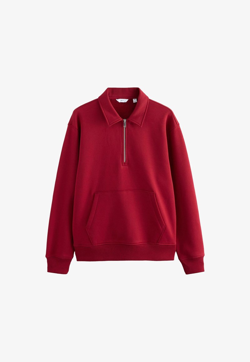 Red long-sleeve pullover with collar, front half-zip, and kangaroo pocket, made of thick sweatshirt material.
