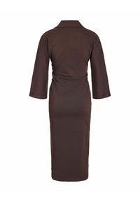Robe midi marron à manches longues avec col, taille cintrée et coupe droite, vue de dos sur fond blanc.