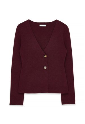 Cardigan bordeaux avec un col en V, des manches longues et trois boutons dorés à l'avant. Texture lisse et coupe ajustée.