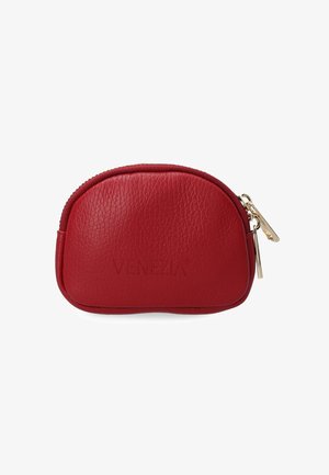 Red leather pouch with a textured finish, rounded shape, gold zipper hardware, and embossed "VENEZIA" logo on the front.
