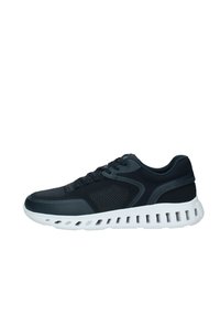 Black athletic shoe with mesh and synthetic upper, rubber sole featuring a white midsole and unique cutout design. Lace-up closure, rounded toe.