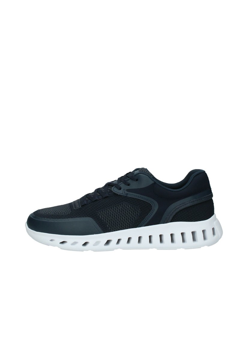 Black athletic shoe with mesh and synthetic upper, rubber sole featuring a white midsole and unique cutout design. Lace-up closure, rounded toe.