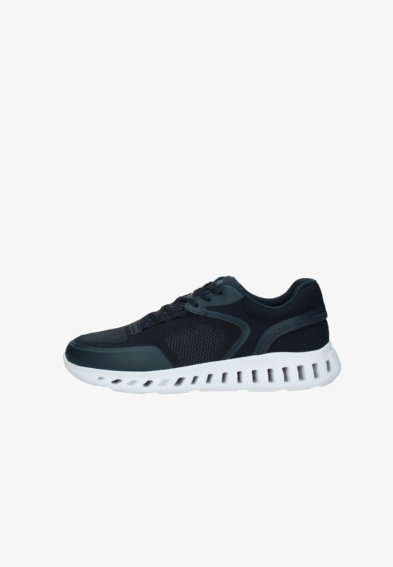 Black athletic shoe with mesh and synthetic upper, rubber sole featuring a white midsole and unique cutout design. Lace-up closure, rounded toe.