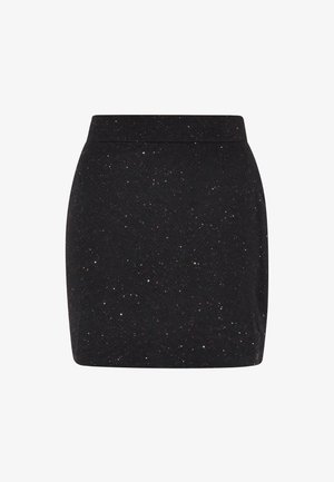 Czarna mini spódnica z teksturowanej tkaniny z wielokolorowymi drobinkami. Gładka talia, bez widocznych zapięć czy akcentów.