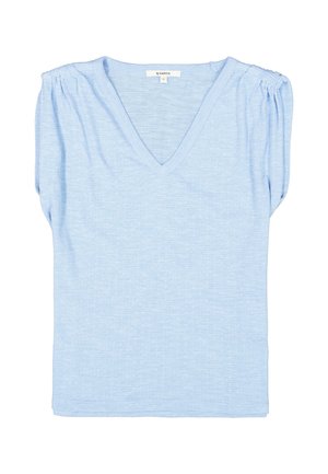 Blouse à manches courtes bleu clair avec un col en V, dotée d'épaules froncées, fabriquée en tissu doux et texturé. Design simple et classique.