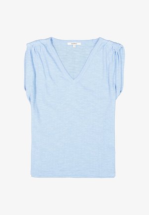 Hellblaue Kurzarmbluse mit V-Ausschnitt, mit gerafften Schultern, aus weichem, strukturiertem Stoff gefertigt. Einfaches, klassisches Design.