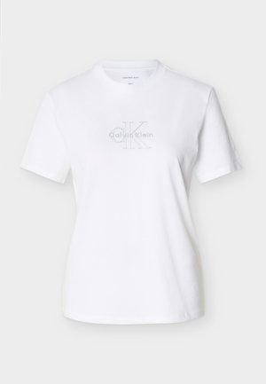 T-shirt en coton blanc à manches courtes, avec un logo frontal en texte gris, un col arrondi et une coupe classique.
