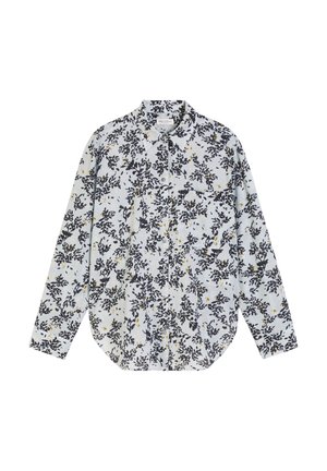 Long-sleeve button-up shirt in light blue with black floral pattern and yellow accents. Features a collar and a chest pocket.