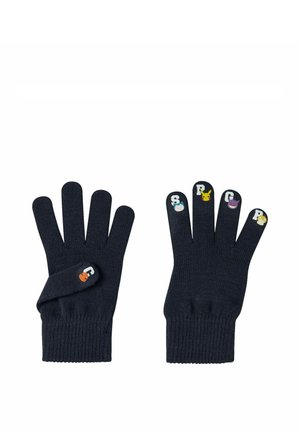 Black knitted gloves with small colorful Pokemon characters and corresponding letters printed on each fingertip.