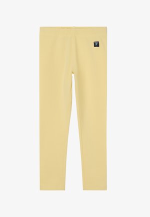 Gele leggings van een zachte, rekbare stof met een elastische tailleband. Voorzien van een klein zwart logo-label dicht bij de tailleband.