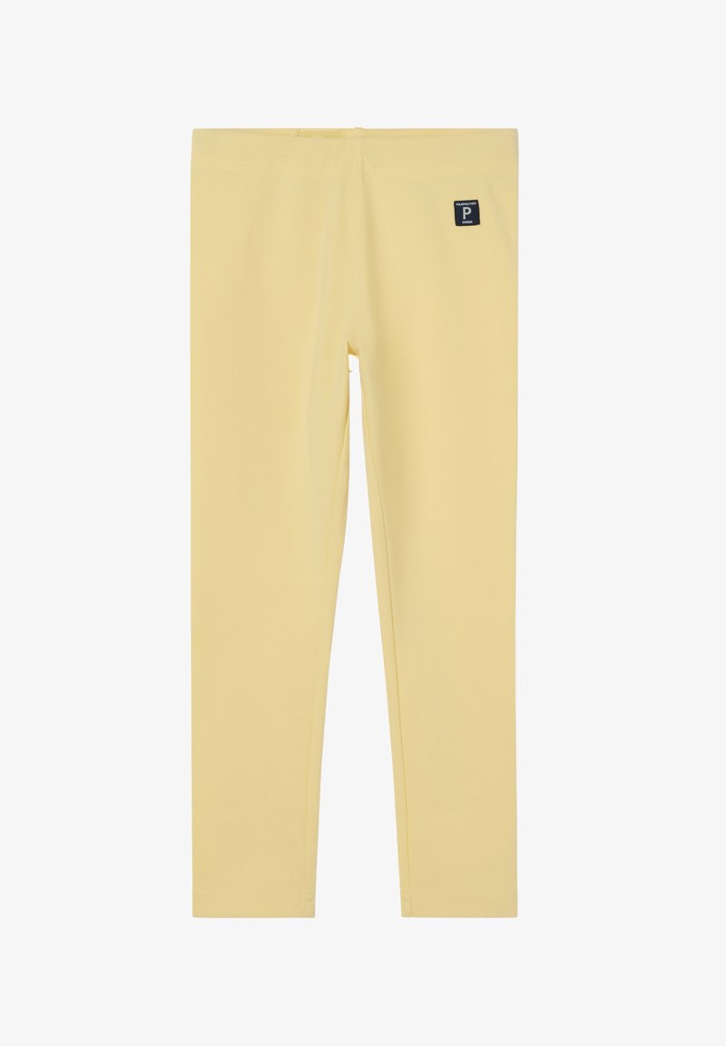 Gele leggings van een zachte, rekbare stof met een elastische tailleband. Voorzien van een klein zwart logo-label dicht bij de tailleband.