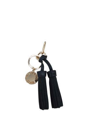 Portachiavi con due nappe in pelle nera e un ciondolo rotondo color oro inciso con "Gattinoni Roma."