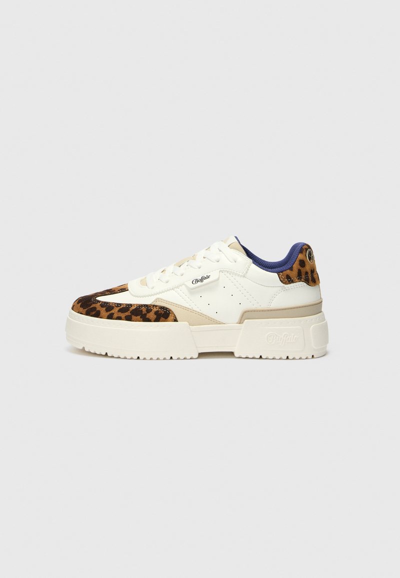 White sneakers with leopard print accents, textured material, thick sole, and a blue heel detail. Features logo and perforations for breathability.