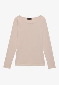 Long-sleeve beige top made of smooth fabric with a rounded neckline and a relaxed fit. Features minimal stitching details along the hem.