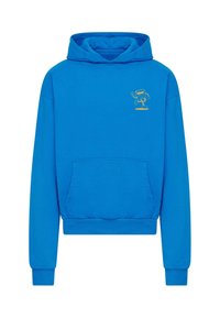 Sudadera con capucha azul, hecha de una mezcla de algodón, que cuenta con un bolsillo frontal, puños acanalados y un gráfico amarillo y juguetón en el pecho.