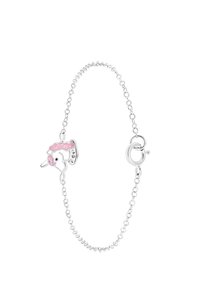 Bracelet en chaîne argentée avec un charme de licorne rose et blanc orné de cristaux et d'un fermoir en homard, mettant en valeur des détails tels que la couleur et la texture.