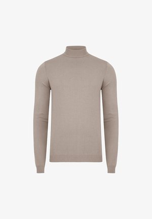 Beżowy sweter z golfem wykonany z prążkowanego materiału. Posiada długie rękawy i dopasowaną sylwetkę, o miękkiej i gładkiej teksturze.