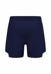 Shorts de sport navy avec une taille élastique, présentant une texture lisse et un ourlet légèrement incurvé pour faciliter le mouvement.