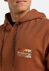 Felpa marrone con cappuccio e cordini neri, caratterizzata da un colorato logo Billabong Adventure Division sul petto. Tessuto in misto cotone.